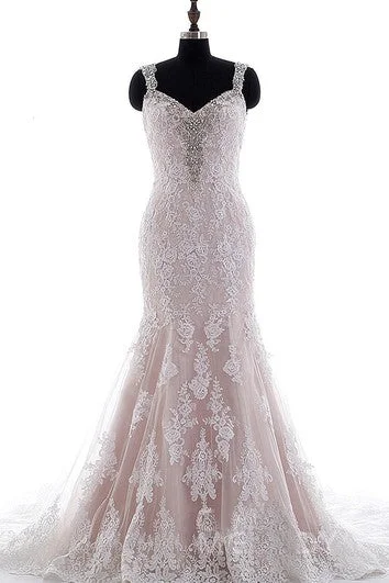 Church - suitable long - sleeved wedding dressMermaid Mini Straps V-Neck Bell Cap Beading Appliques Court Train Backless Straps Lace Dress