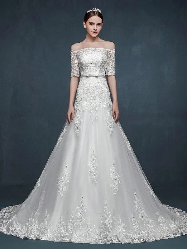 Fit - and - flare wedding dress with a big bowOff Shoulder A-line Lace Wedding Dress with Dropped Waist Fit - and - flare wedding dress with a big bowOff Shoulder A-line Lace Wedding Dress with Dropped Waist