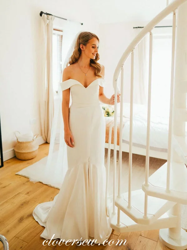 Dark - colored wedding dress for a mysterious brideOff The Shoulder Soft Satin Mermaid Elegant Wedding Dresses, CW0270 Dark - colored wedding dress for a mysterious brideOff The Shoulder Soft Satin Mermaid Elegant Wedding Dresses, CW0270