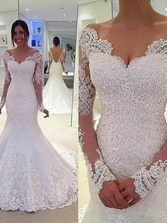 Multicultural - inspired wedding dressSexy Mermaid Prom Dresses Mermaid V-neck Tulle Ivory Long Wedding Dresses             cg23641