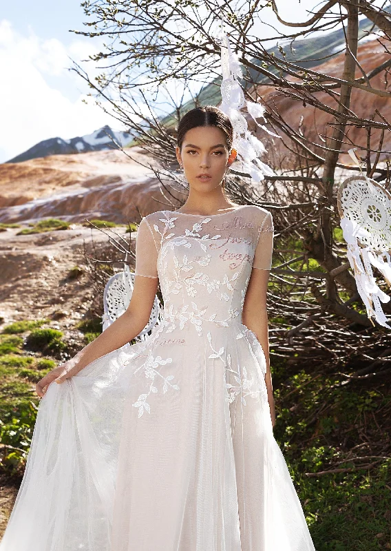 Sheath - style wedding dress with a slitShort Sleeve A-Line Modest Wedding Dress