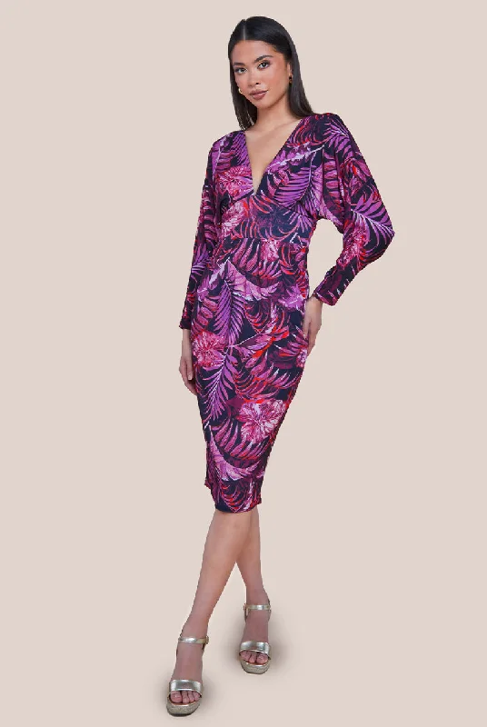"Simple wedding dresses for women who prefer understated elegance"Goddiva Tropical Print Midi With Batwing Sleeves - Purple