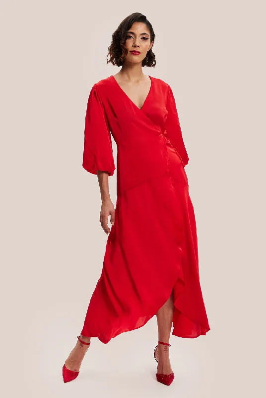 "Mini dresses for women for a youthful and trendy look"Liquorish Red Midi Wrap Dress With Short Puff Sleeves