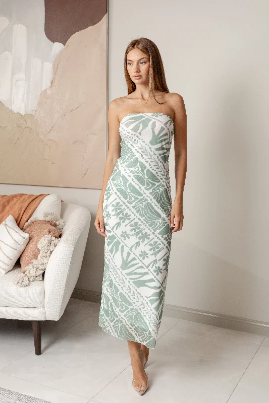 "Affordable plus size women's summer dresses"SENZA STRAPLESS MAXI DRESS - White Green Floral Print