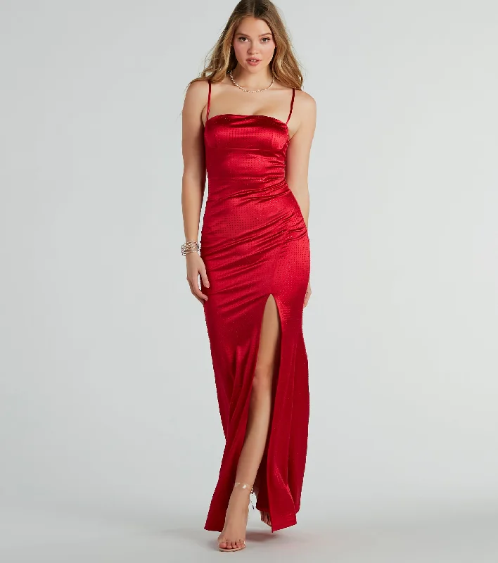 "Seasonal Sale: Save Big on Women's Dresses for Every Occasion"CLEARANCE - Hallie Rhinestone Satin High Slit Mermaid Dress