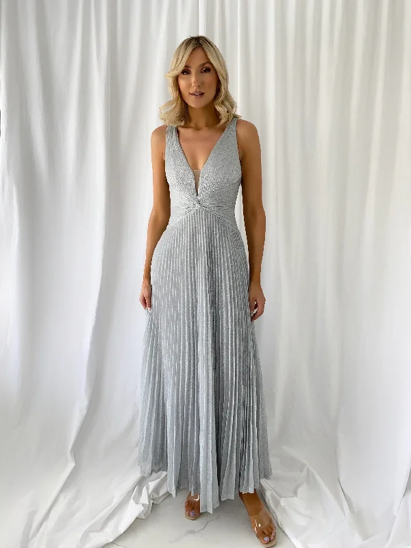 "Comfortable maternity dresses for pregnant women"Madisson Pleated Maxi Glitter Dress - Silver