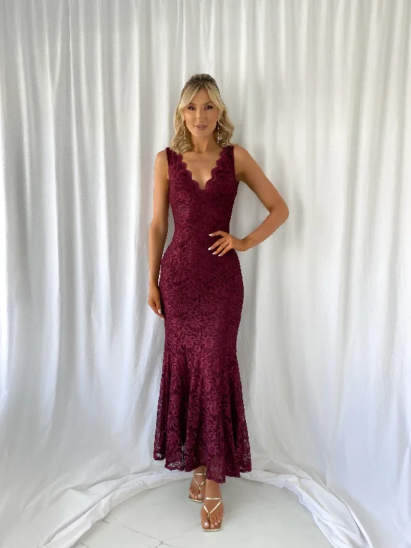 "Beaded dresses for women for a glamorous look"Raquel Embroidered Open Back Dress - Wine