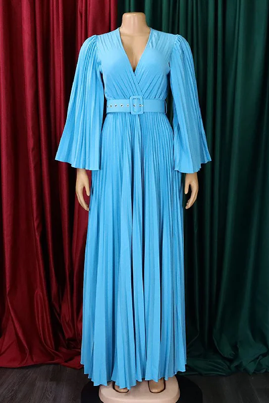 "Designer - inspired women's evening dresses"Sky Blue Pleated Long Wedding Guest Dress