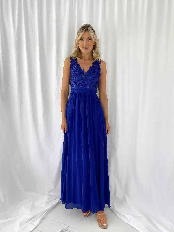 "Sustainable and eco - friendly women's dresses"Telma Broderie Top Pleated Maxi Dress - Royal Blue