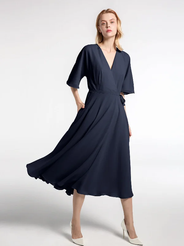 "Work - appropriate dresses for professional women"V-neck Half Sleeves Tea Length Chiffon Dress-Dark Navy