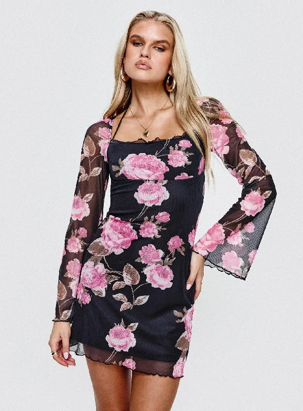 kawaii mini dressesBilbao Long Sleeve Mini Dress Black / Floral