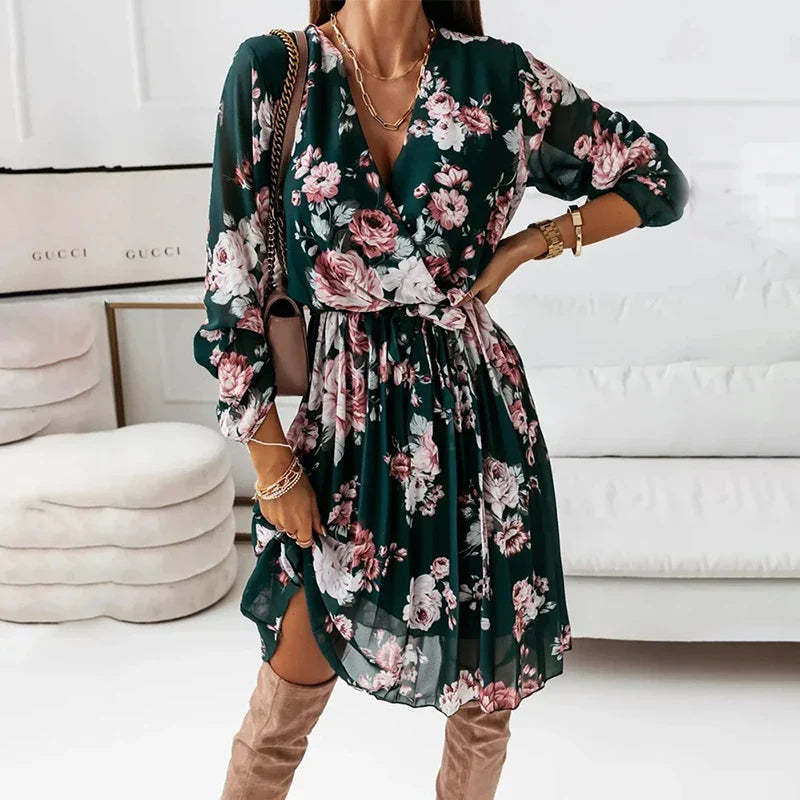 adjustable strap mini dressesChiffon Sleeve Floral Print 2024 Autumn Casual Deep V Neck Pleated Office Mini Dress adjustable strap mini dressesChiffon Sleeve Floral Print 2024 Autumn Casual Deep V Neck Pleated Office Mini Dress