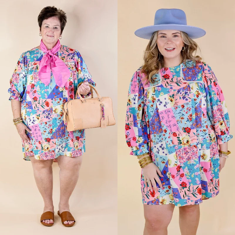 school uniform mini dressesFloral Paradise Floral Patch Pattern Dress in Blue and Pink