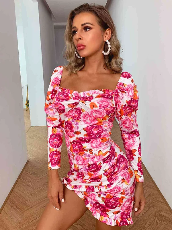 preppy mini dressesFloral Ruched Leg-Of-Mutton Sleeve Dress