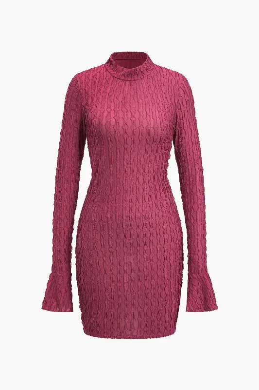 wedding guest mini dressesSolid Textured Bell Sleeve Mini Dress