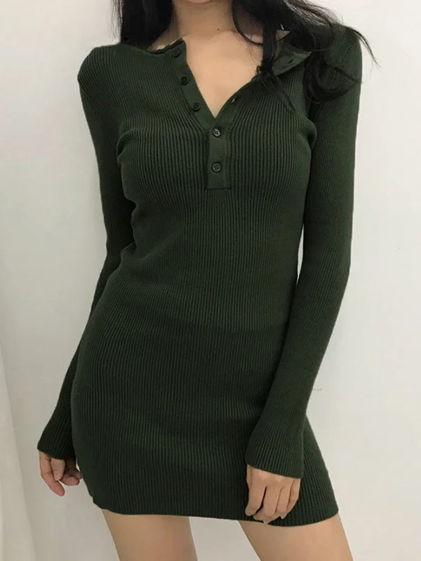 bridal party mini dressesButton Front Ribbed Knit Long Sleeve Mini Dress