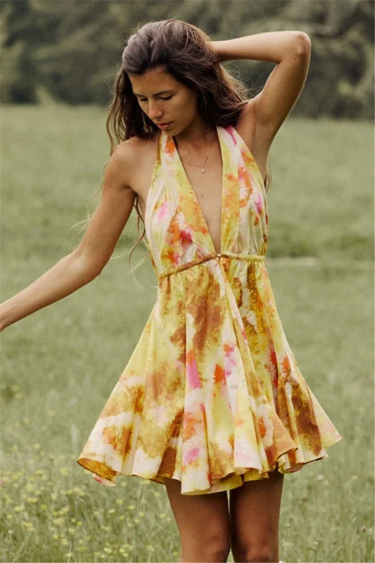 tiered mini dressesNew fashionable V-neck suspender sexy printed halter neck short dress