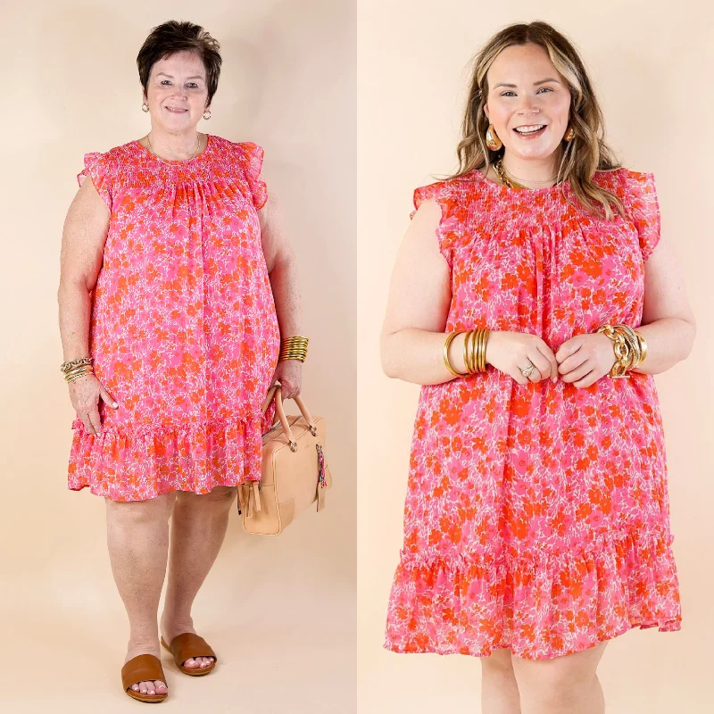 peasant style mini dressesNew To The Scene Floral Dress with Ruffle Cap Sleeves in Red and Pink