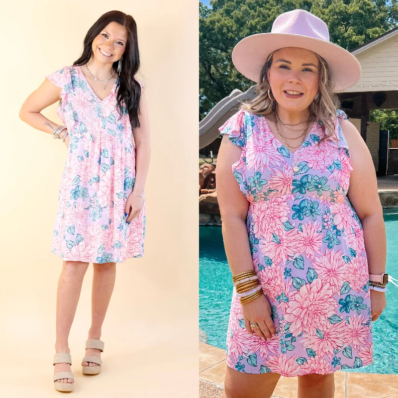 sustainable mini dressesSunshine On My Mind Floral Ruffle Cap Sleeve Dress in Lilac Pink
